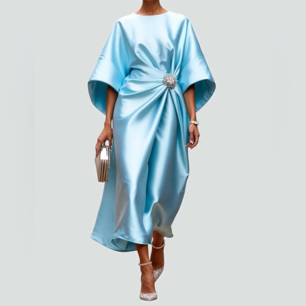 Elegant Long Sleeve Satin Dress in Sky Blue